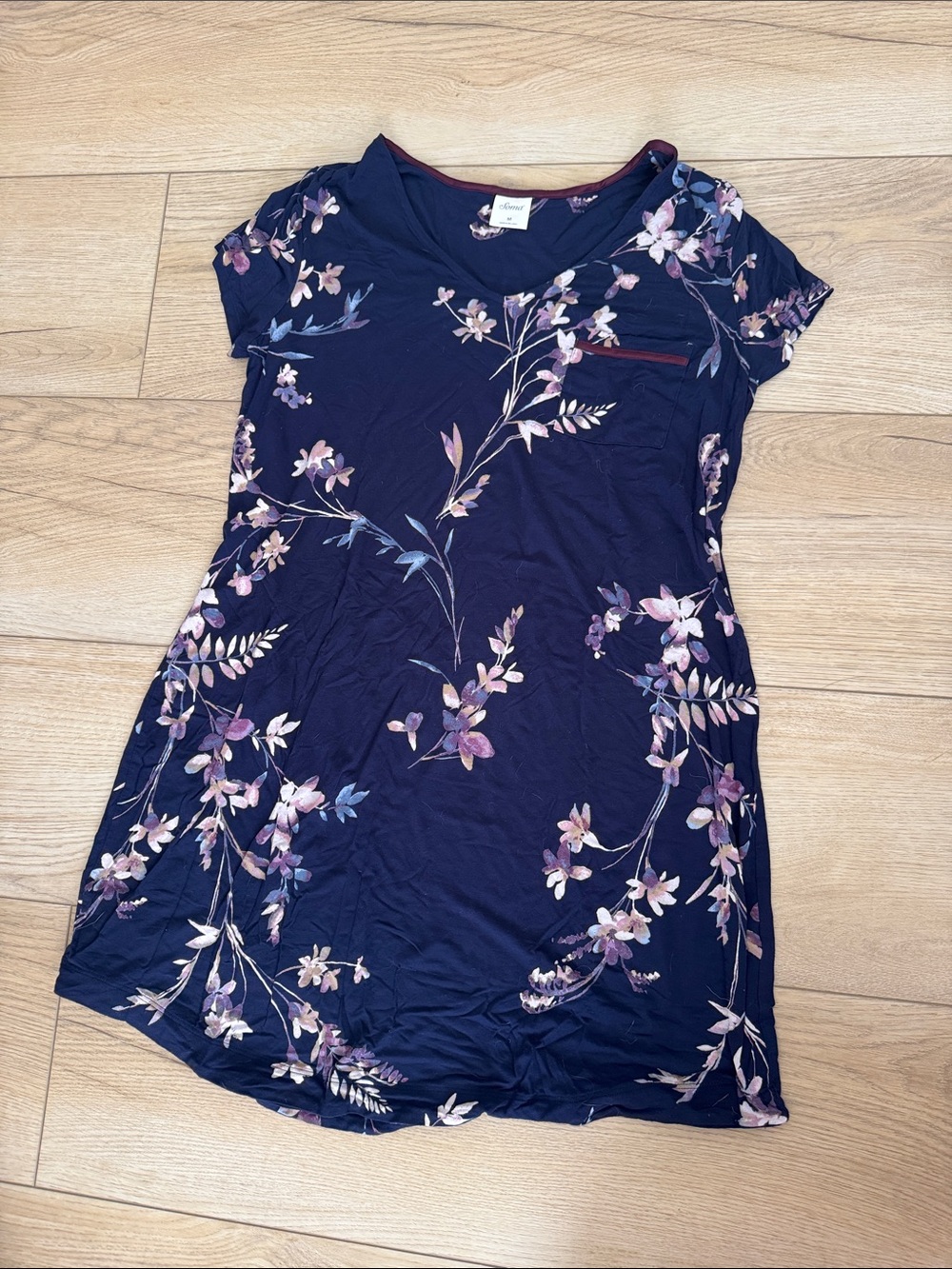 Soma Navy Floral Short Sleeve Pocket Nightdress with Pink and Lavender Blossoms